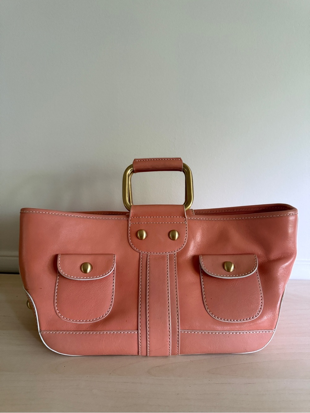Maxx New York Coral Leather Tote with Gold Hardware - new
